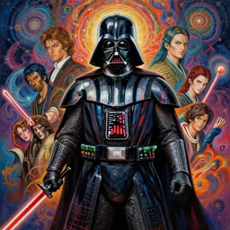 darth vader samurai!!!!! warrior!!!!!, intense intricate detail, beautiful and gorgeous design, cinematic composition, painting masterpiece by rembrandt, michelangelo, junji ito, yoji shinkawa, takehiko inoue, psychedelic imagery background, fractal clouds