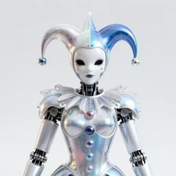front shot of a court jester!!!! character, polished, glossy, holographic crystals, bionic futurism, robotic cyborg, 8 5 mm f 1. 8, ominous elegant ( ( complex ) ) highly detailed concept, polygonal shards, artstation sharp focus ray tracing cinematic masterpiece fine portrait, by artgerm greg rutkowski gustave dore