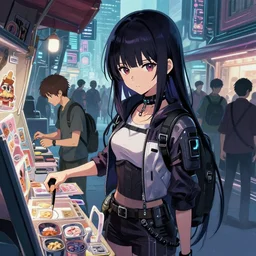 a full body portrait of a cyberpunk girl working at a sales stall, finely detailed features, closeup at the faces, perfect art, busy cyberpunk city, gapmoe yandere grimdark, trending on pixiv fanbox, painted by ilya kushinov makoto shinkai takashi takeuchi studio ghibli, akihiko yoshida,