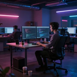 Award-winning photograph of an software developer coding in a dimly light office with neon lights, coffee cups covering the floor, cinematic, 8k, ultra realistic
