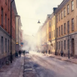 watercolor painting of street at finlandhelsinkii, ambient lighting and shadows, fog, wonderful masterpiece by greg rutkowski, cinematic light