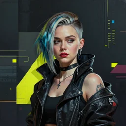 Elle Fanning in the band Samurai from Cyberpunk 2077 picture by Sachin Teng, asymmetrical, dark vibes, Realistic Painting , Organic painting, Matte Painting, geometric shapes, hard edges, graffiti, street art:2 by Sachin Teng:4