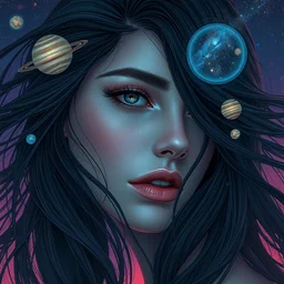 beautiful, haunting young woman, detailed gorgeous face, flowing hair, vaporwave aesthetic, synthwave, space and planets in her hair with shooting star and milkyway, psychedelic, digital painting, artstation, concept art, smooth, sharp focus, illustration, art by artgerm and greg rutkowski and alphonse mucha