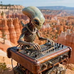 close up macro photograph of a strange surrealist detailed alien electronic-musical-instrument!!, in the background is a bryce 3d surrealist landscape biome,  designed by pixar!!, hyper detailed, photorealistic, 8k, hd