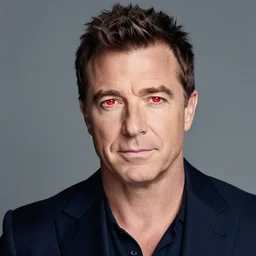 portrait photoshoot of Simon Cowell glowing red eyes