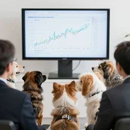 dogs at business meeting looking at earnings charts