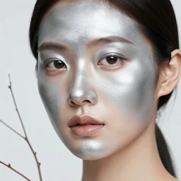 portrait of a woman, close - up, metal on face, precious metals on skin, high sharpness, zeiss lens, fashion photo shoot, dry branches, brown hair, red lipstick, palaroid effect, edward buba, annie leibovitz, paolo roversi, david lazar, jimmy nelsson, eiko hosoe, artistic, hyperrealistic, beautiful face, octane rendering