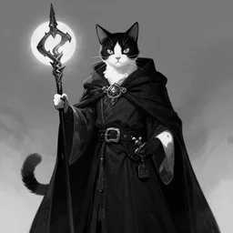black and white cat sorcerer, dnd fantasy digital art by Greg Rutkowski