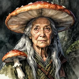 portrait, elderly female mushroom druid, watercolor, dramatic lighting, cinematic, establishing shot, extremely high detail, foto realistic, cinematic lighting, pen and ink, intricate line drawings, by Yoshitaka Amano, Ruan Jia, Kentaro Miura, Artgerm, post processed, concept art, artstation, matte painting, style by eddie mendoza, raphael lacoste, alex ross
