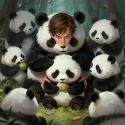 a magical land where scary man eating stuffed toy pandas torment young caucasian men with brown hair and green eyes, digital painting by ross tran, greg rutkowski