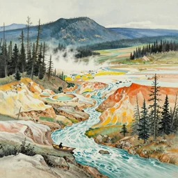 a chinese landscape painting of yellowstone national park