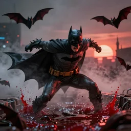 Batman Battles the Batman Who Laughs In A Dimly Lit Misty Sewer, red fluid, bats, sunset, volumetric lighting, hyperrealistic, beautiful details, HDR, octane render, action shot, wide angle, bokeh, Yasushi Niarasawa Moebius Jim Steranko Style