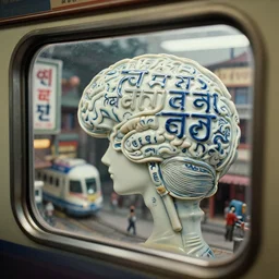 fuji gfx, 2 0 0 mm ; beautiful hyperrealistic dithered film still from nepal movie of wired devanagari brain map scene in style of 1 9 9 0 s frontiers in miniature porcelain retrofuturism deep emboss macro design architectural art studio photography magazine seinen manga extreme closeup portrait edition, real - life shinkansen window view porcelain izakaya sign, highly detailed, tilt shift zaha hadid scene in background