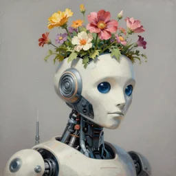a painting by syd mead of a bipedal robot head with flowers growing out of the top, trending on artstation, masterpiece, incredible details