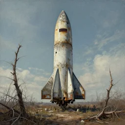 abandoned rocket ship, distant knotted branches, painterly, extremely detailed