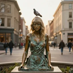 a bronze sculpture of taylor swift in the middle of the town square with a pigeon standing on top of it, golden hour, street photography