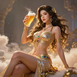 a beautiful female goddess of beers character, character is in all its glory, character is in her natural relaxed pose, rim lights, particles and dust in the air, fancy clouds, highly detailed professional photo, dynamic lights, particles are flying, depth of field, trending on artstation, illustration, hyper realistic, vray caustics, super detailed, colorful accents, cinematic shot