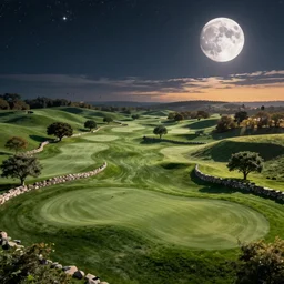 nocturnal moonlit dreamlike overview, panorama, aerial view. birds eye view of a perfect sprawling infinite elysian dreamlike green hilly pastoral astral psychedelic golf course with low stone walls landscape with cherished trees, stone walls under cosmic stars, moonlight, stone walls, cherished trees, eternal time, golden hour, dark sky, evening starlight, peaceful glitch psychedelic polaroid by hiroshi yoshida