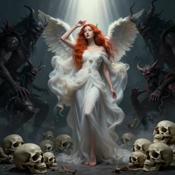photo of a gorgeous young asian redhead girl , full body, high fashion model, searching for eternity, skulls around, cloud goddess, duality, far away dreamy atmosphere, rays of light, deep shadows, demons in the style of stefan kostic, hyper realistic, sharp focus, 8k high definition, high fashion, vogue, insanely detailed, intricate, elegant, art by stanley lau and artgerm, brom