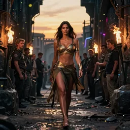 adriana lima as a warrior princess walking into dark dungeon, torches, sundown golden hour firefly wisps, cyberpunk neon, steve hanks, charlie bowater, mark brooks, steve henderson, justin gerard, mark keathley, victor nizovtsev, tom bagshaw, krenz cushart, ross tran, focal length : 2 0 0. 0 mm
