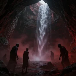 lost souls searching for nothing, concept art, darkness, big dark caverns, waterfall, ghouls, fantasy, ultra detailed, soft, mysterious, red haze, horror