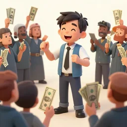 a picture of a happy subgenius - salesman at a alter speaking to a crowd of cultists holding up dollars, lights in the sky, sunrise, a detailed matte painting by mort kunstler, pixiv, kitsch movement, city background, movie poster, official art