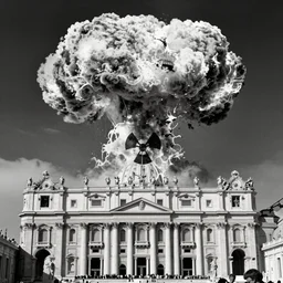 1 9 7 0 s photography, black and white, nuclear explosion on vatican, religious theme