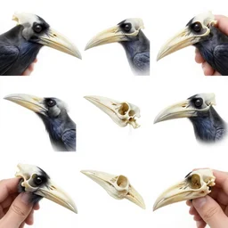 montage of style sheets, raven beaks, made of bones, hand drawn, macro photograph by naturalists
