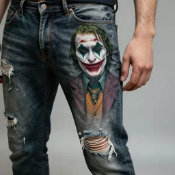 the joker fully tattooed, wearing scratched and ripped leather jeans, wearing an aviator outfit with a smiley stamp on its back, character sheet, fine details, props, concept design, contrast, kim jung gi, greg rutkowski, trending on artstation, 8 k, full body, turnaround, front, back, ultra wide angle