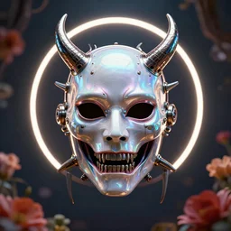 dichroic. iridescent. dhorizontally symmetrical. coherent. symmetry. absolutely centered. centered composition. symmetrical biomechanical, mask of a demon space by Roberto Ferri. death and hell hellraiser by Tooth Wu and wlop and beeple and dan mumford and greg rutkowski. halo. octane render, cinematic, hyper realism, octane render, 8k, depth of field, bokeh, hard surface modelling, flowers,. iridescent accents