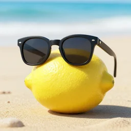 octane render of a lemon on the beach, wearing sunglasses
