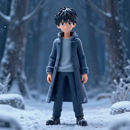 a portrait of the artist as a young man. 3 d posing, frozen ice dark forest background, snowing, bokeh, inspired by masami kurumada, octane render, volumetric lighting