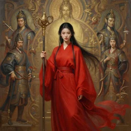 perfectly - centered - portrait of a girl wearing red robe holding stick, intricate, epic scale, rule of third, highly detailed, digital painting, artstation, concept art, sharp focus, illustration, oil painting, unreal engine 5, 8 k, art by artgerm and james jean and sam spratt and greg rutkowski