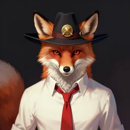 magical,A fox wearing a Mafia Hat a red Tie and a white shirt , fantasy concept art by J.Dickenson and Greg Rutkowski