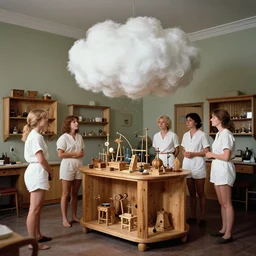realistic photo of a group of medieval female scientists wearing white shorts, watching at a levitating fluffy furry cloud, in a living room laboratory with many wooden gadgets made of wood interior is made of wood 1 9 9 0, life magazine reportage photo, natural colors