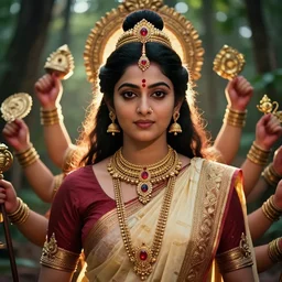 matte close - up portrait of beautiful and smart female dressed as hindu gods who assemble in the forest backlighting, traditional decoration, elegant, loin cloth, highly detailed, 8 k, cinematic lighting, global illumination, ornate, super detailed, a colorized photo, colorized, # film, movie still