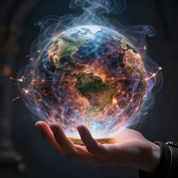 A hand holding a powerful wizards orb containing an apocalyptic vision, smoke electricity sparks emanate from the wizards orb, ultra high resolution, hyper realistic, intricate details, cinematic, award winning