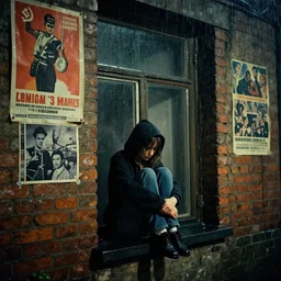 at night, sadie sink in hoodie sits on windowsill, knees tucked in | rain falls, old brick wall with ussr propaganda posters : leica 3 5 mm, single long shot. by weegee, don mccullin, robert doisneau, henri cartier - bresson, brassai, robert capa. cyberpunk, cinematic atmosphere, detailed and perfect anatomy