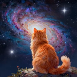 back of a fluffy orange cat sitting and looking into space, nebula, galaxy, stars, colorful, vibrant, rich colors, 8 k, illustration, painting, artstation