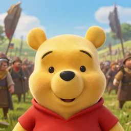 close up cinematic artwork of winnie the pooh staring down the enemy on the battlefield by greg rutkowski, 4 k, masterpiece