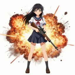 anime, full body, female, explosion, a cute girl wearing a school uniform and holding a sniper rifle, light and shadow effects, highly detailed, digital painting, art station, sharp focus, illustration, concept art, advanced digital anime art