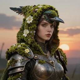 hyperdetailed portrait of beautiful queen's flower moss armored hooded bird - girl. by greg rutkowski, highly detailed portrait, digital painting, artstation, concept art, smooth, sharp foccus ilustration, artstation hq. intricate, elegant. art by wlop and artgerm and greg rutkowski, alphonse mucha, masterpiece. medium shot. sunset dramatic. dan mumford,