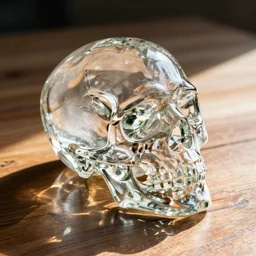 transparent glass skull laying on a wooden table, high detail