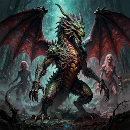 cinematic colorful horror artwork by jean delville, beksinski, bernie wrightson, weta workshop concept art ; ancient dragon, full body concept, haunting, brutal scary terrifying, 8 k hdr, creepy intricate ; dramatic lighting, insanely detailed