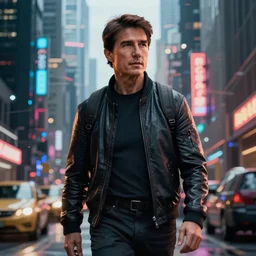 Tom Cruise in a cyberpunk city, photorealistic, HDR, 4k, wallpaper, epic, Cinematic, ray-traced, 8k, unigine render