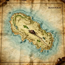 old torn treasure map showing the exact spot of the treasure of kong island, pirates treasure map, high detail, high res, hyperrealistic,