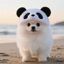 a closeup photorealistic photograph of a panda themed Pomeranian puppy at the beach during sunset This 4K HD image is Trending on Artstation, featured on Behance, well-rendered, extra crisp, features intricate detail and the style of Unreal Engine.