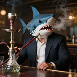 a man with a shark head dressed in a suit, sitting at a bar and smoking hookah with a long pipe, photorealistic, artstation