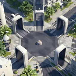 a realistic photo of an intersection that uses portals from the video game portal 2 to control traffic by sending vehicle into blue portals and out of organge portals at an intersection, trending on cgstation