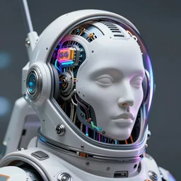 portrait of a biomechanical head inside a futuristic space helmet, organic transistors, neon cables, tron highlights, white metal, iridescent visor,  smooth, sharp focus, high detail, art by Artgerm and Raymond Swanland,